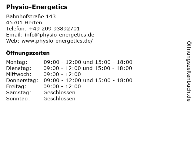 Physio-Energetics in Herten: Adresse und Öffnungszeiten