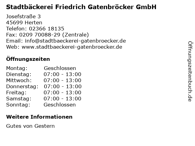 Stadtbäckerei Friedrich Gatenbröcker GmbH in Herten: Adresse und Öffnungszeiten