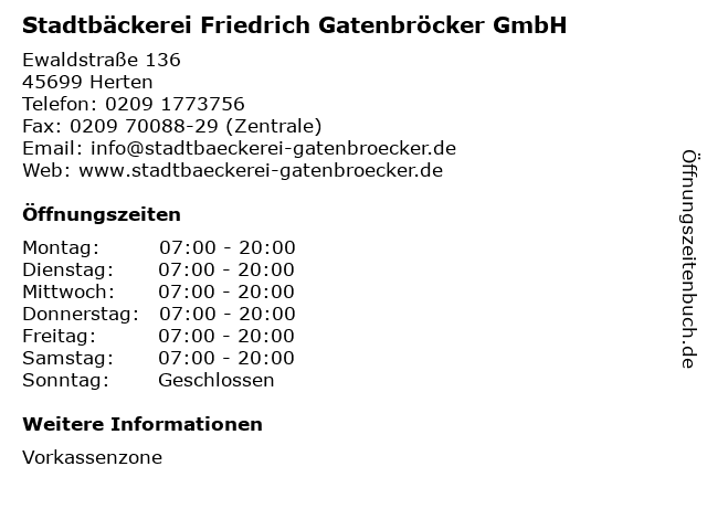 Stadtbäckerei Friedrich Gatenbröcker GmbH in Herten: Adresse und Öffnungszeiten