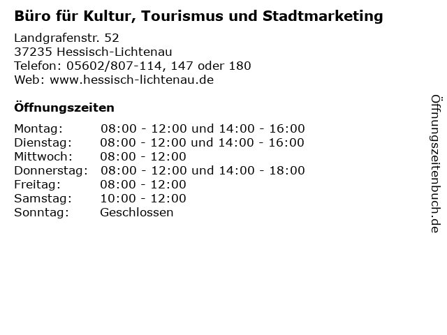 Büro für Kultur, Tourismus und Stadtmarketing in Hessisch-Lichtenau: Adresse und Öffnungszeiten