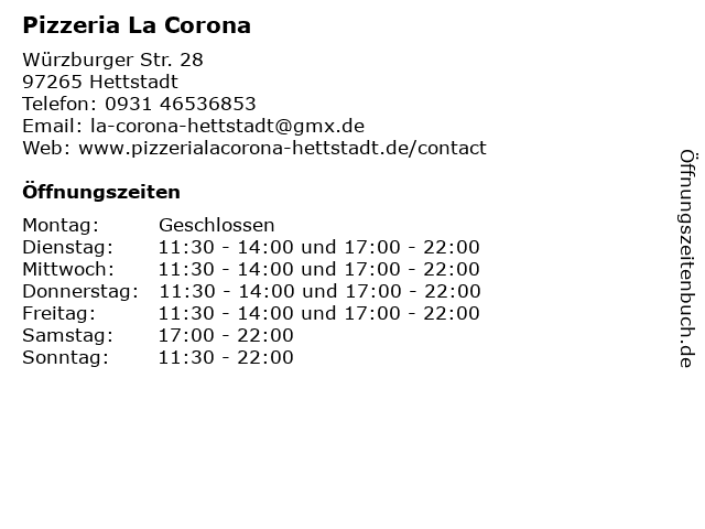 Pizzeria La Corona in Hettstadt: Adresse und Öffnungszeiten