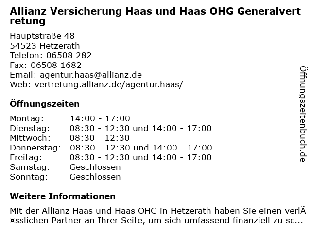 Allianz Versicherung - Agentur Haas & Haas OHG Generalvertretung in Hetzerath: Adresse und Öffnungszeiten
