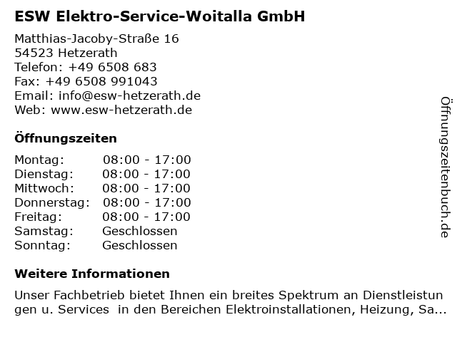 ESW Elektro-Service-Woitalla GmbH in Hetzerath: Adresse und Öffnungszeiten