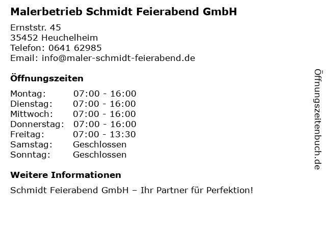 Malerbetrieb Schmidt Feierabend GmbH in Heuchelheim: Adresse und Öffnungszeiten