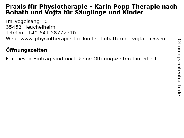 Praxis für Physiotherapie - Karin Popp Therapie nach Bobath und Vojta für Säuglinge und Kinder in Heuchelheim: Adresse und Öffnungszeiten