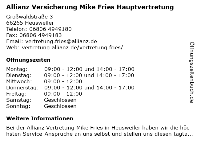 Allianz Versicherung Mike Fries Hauptvertretung in Heusweiler: Adresse und Öffnungszeiten