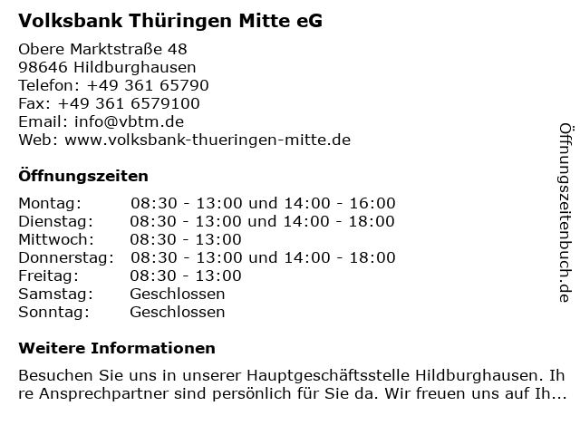 ᐅ Offnungszeiten Vr Bank Sudthuringen Eg Obere Marktstrasse 48