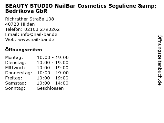 BEAUTY STUDIO NailBar Cosmetics Segaliene & Bedrikova GbR in Hilden: Adresse und Öffnungszeiten