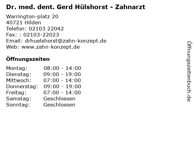 Dr. med. dent. Gerd Hülshorst - Zahnarzt in Hilden: Adresse und Öffnungszeiten