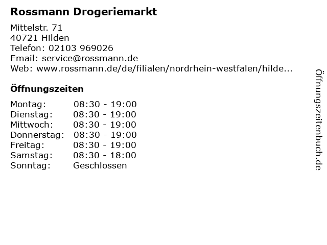 Rossmann Drogeriemarkt in Hilden: Adresse und Öffnungszeiten