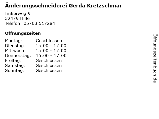 Änderungsschneiderei Gerda Kretzschmar in Hille: Adresse und Öffnungszeiten