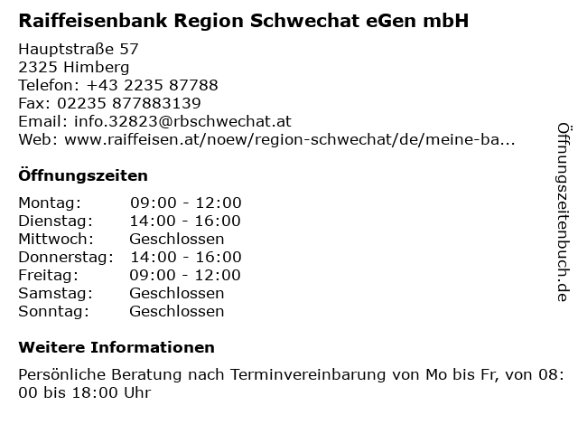 ᐅ Offnungszeiten Raiffeisenbank Region Schwechat Egen Mbh