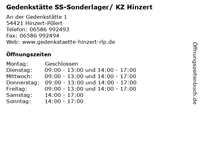 Gedenkstätte SS-Sonderlager/ KZ Hinzert in Hinzert-Pölert: Adresse und Öffnungszeiten