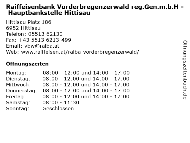 Raiffeisenbank Vorderbregenzerwald reg.Gen.m.b.H - Hauptbankstelle Hittisau in Hittisau: Adresse und Öffnungszeiten