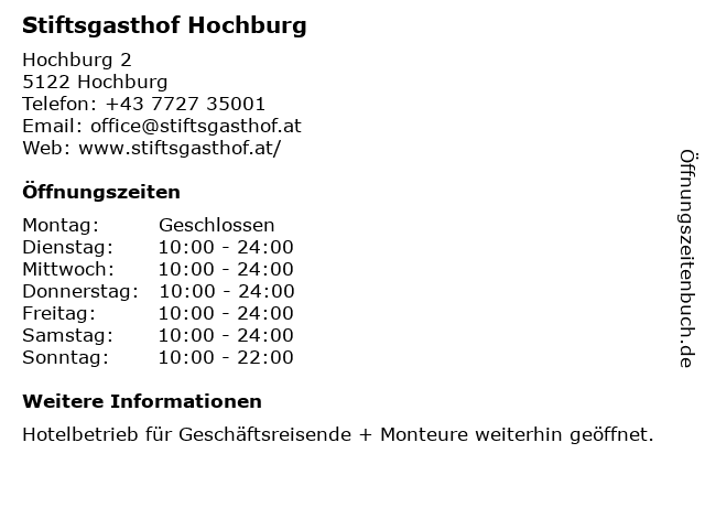 Stiftsgasthof Hochburg in Hochburg: Adresse und Öffnungszeiten