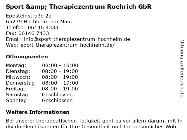 Sport & Therapiezentrum Roehrich GbR in Hochheim am Main: Adresse und Öffnungszeiten