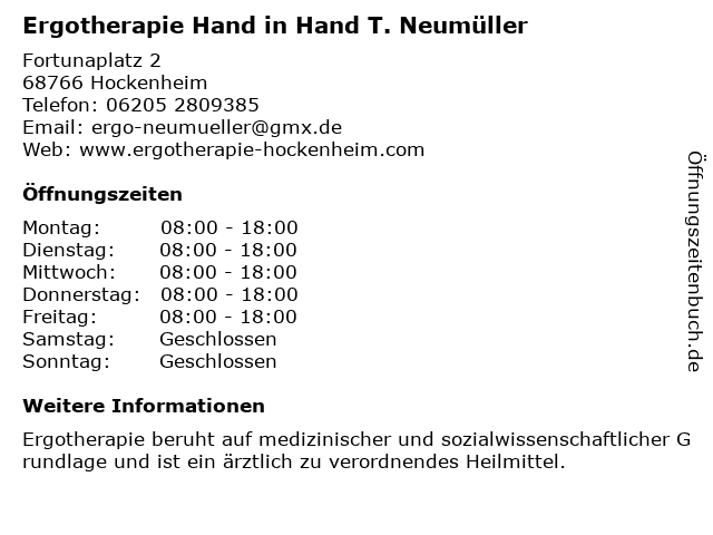 Ergotherapie Hand in Hand T. Neumüller in Hockenheim: Adresse und Öffnungszeiten
