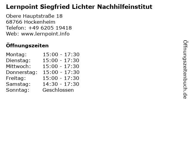 Lernpoint Siegfried Lichter Nachhilfeinstitut in Hockenheim: Adresse und Öffnungszeiten