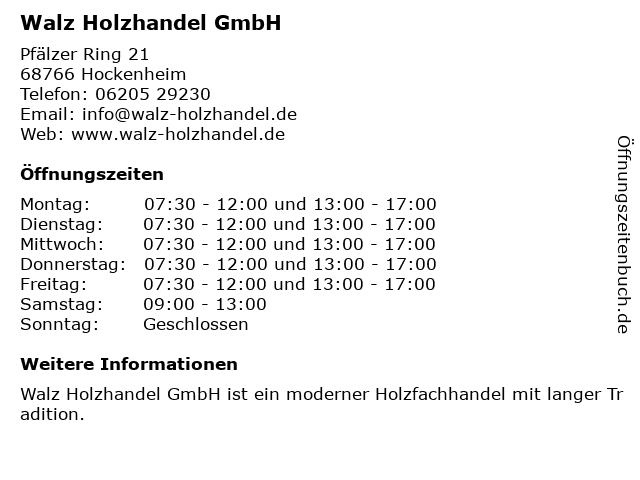 Walz Holzhandel GmbH in Hockenheim: Adresse und Öffnungszeiten