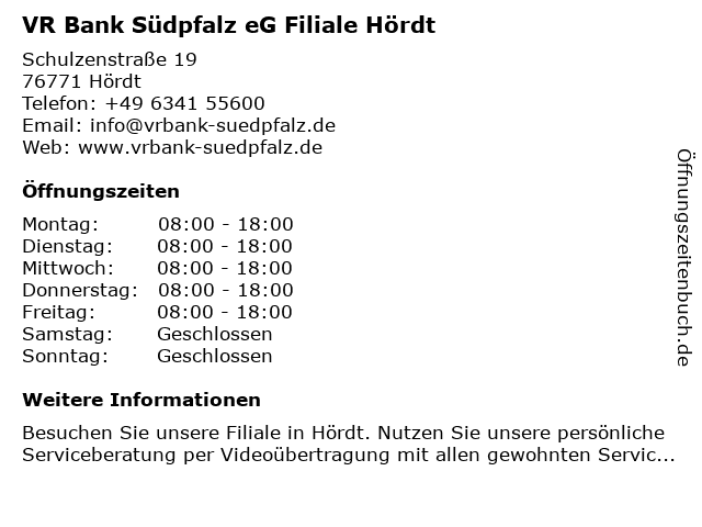 ᐅ Offnungszeiten Vr Bank Sudpfalz Eg Vr Sisy Filiale Hordt