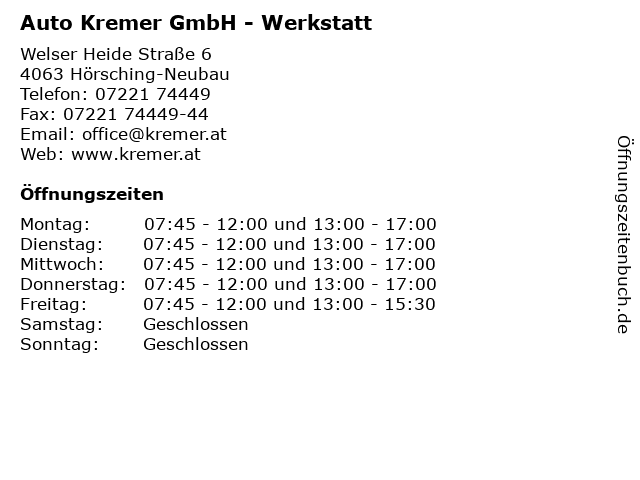 Auto Kremer GmbH - Werkstatt in Hörsching-Neubau: Adresse und Öffnungszeiten