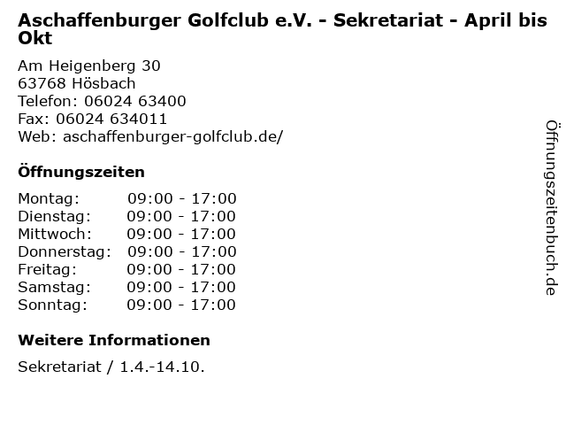 Aschaffenburger Golfclub e.V. - Sekretariat - April bis Okt in Hösbach: Adresse und Öffnungszeiten