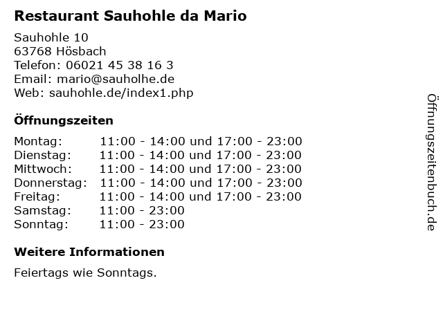 Restaurant Sauhohle da Mario in Hösbach: Adresse und Öffnungszeiten