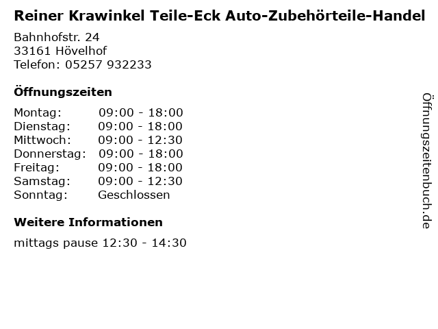 Reiner Krawinkel Teile-Eck Auto-Zubehörteile-Handel in Hövelhof: Adresse und Öffnungszeiten