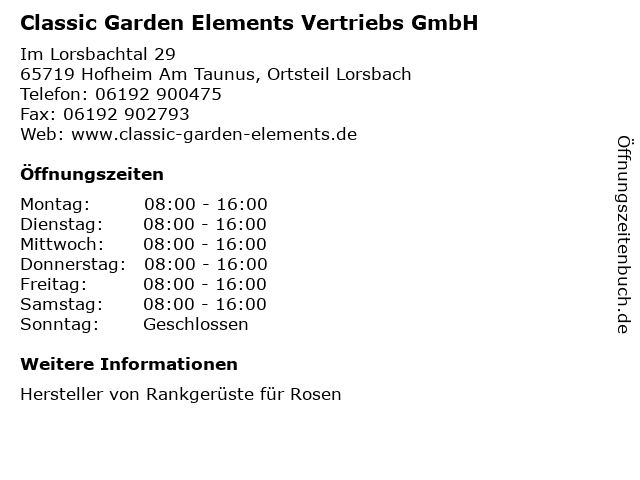 Classic Garden Elements Vertriebs GmbH in Hofheim Am Taunus, Ortsteil Lorsbach: Adresse und Öffnungszeiten