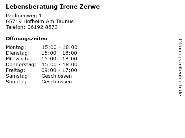 Lebensberatung Irene Zerwe in Hofheim Am Taunus: Adresse und Öffnungszeiten