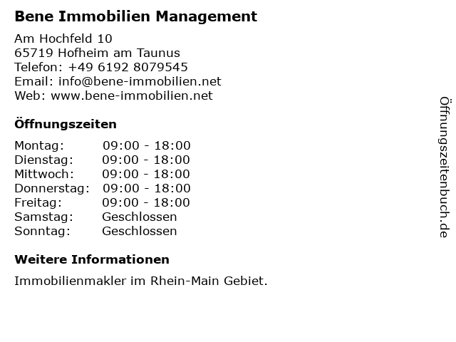 Bene Immobilien Management in Hofheim am Taunus: Adresse und Öffnungszeiten