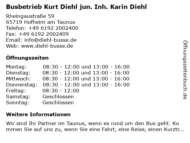 Busbetrieb Kurt Diehl jun. Inh. Karin Diehl in Hofheim am Taunus: Adresse und Öffnungszeiten
