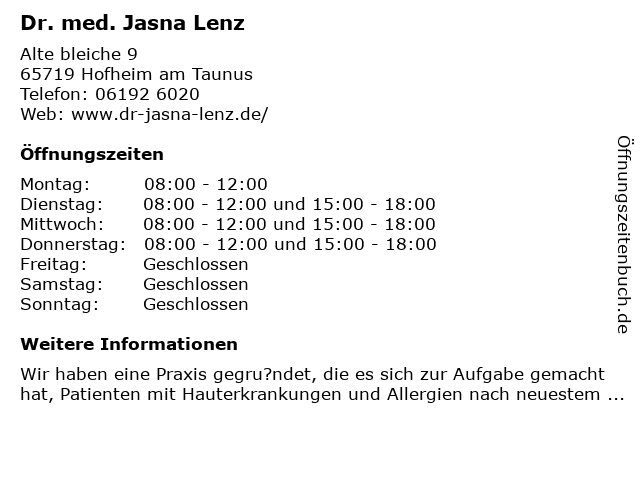 Dr. med. Jasna Lenz in Hofheim am Taunus: Adresse und Öffnungszeiten