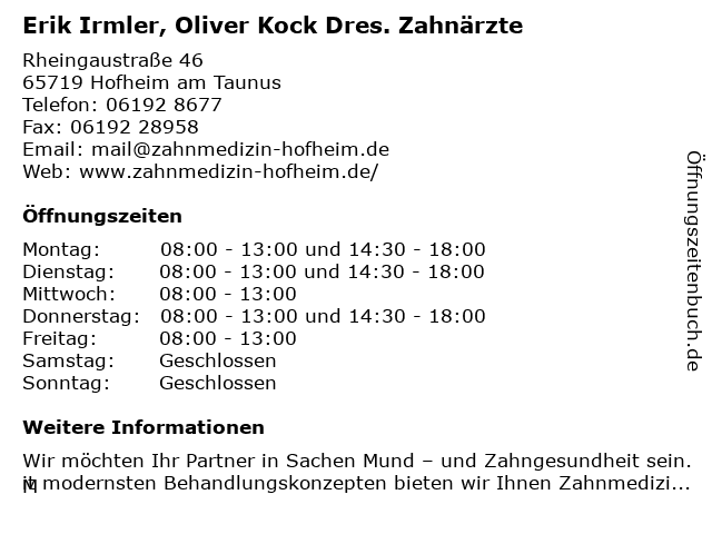 Erik Irmler, Oliver Kock Dres. Zahnärzte in Hofheim am Taunus: Adresse und Öffnungszeiten