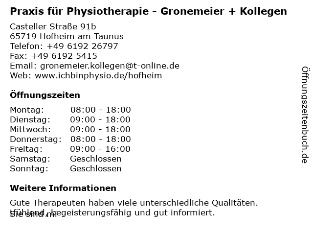 Praxis für Physiotherapie - Gronemeier + Kollegen in Hofheim am Taunus: Adresse und Öffnungszeiten