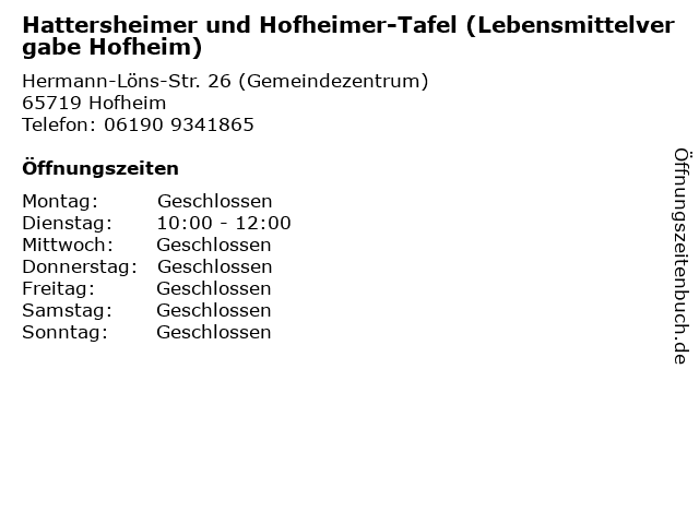Hattersheimer und Hofheimer-Tafel (Lebensmittelvergabe Hofheim) in Hofheim: Adresse und Öffnungszeiten