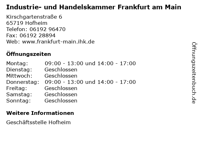 Industrie- und Handelskammer Frankfurt am Main in Hofheim: Adresse und Öffnungszeiten