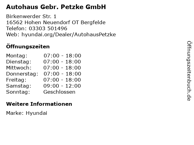 Autohaus Gebr. Petzke GmbH in Hohen Neuendorf OT Bergfelde: Adresse und Öffnungszeiten