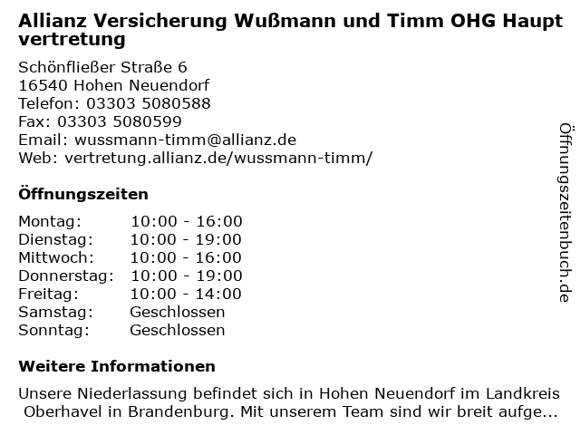 Allianz Versicherung Wußmann und Timm OHG Hauptvertretung in Hohen Neuendorf: Adresse und Öffnungszeiten