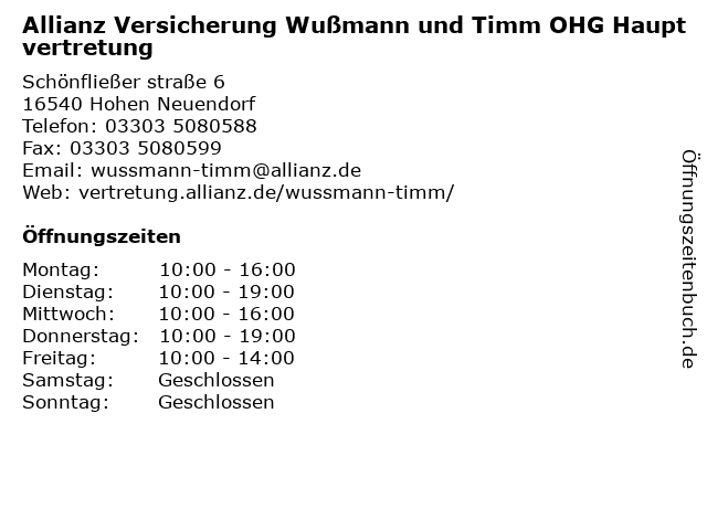 Allianz Versicherung Wußmann und Timm OHG Hauptvertretung in Hohen Neuendorf: Adresse und Öffnungszeiten