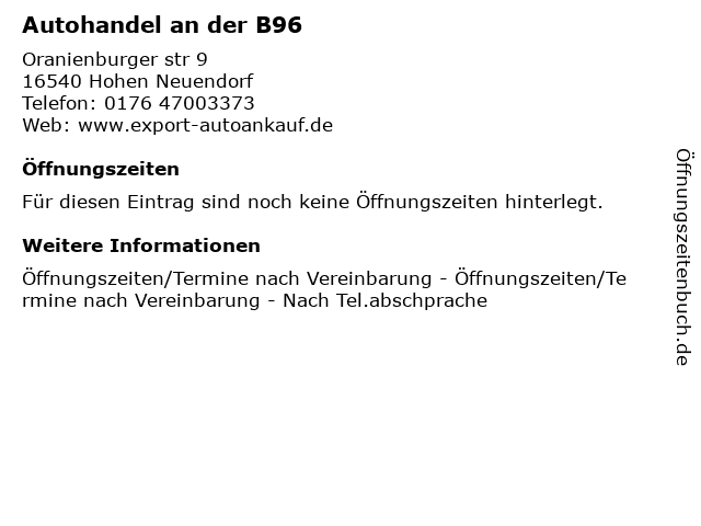 Autohandel an der B96 in Hohen Neuendorf: Adresse und Öffnungszeiten