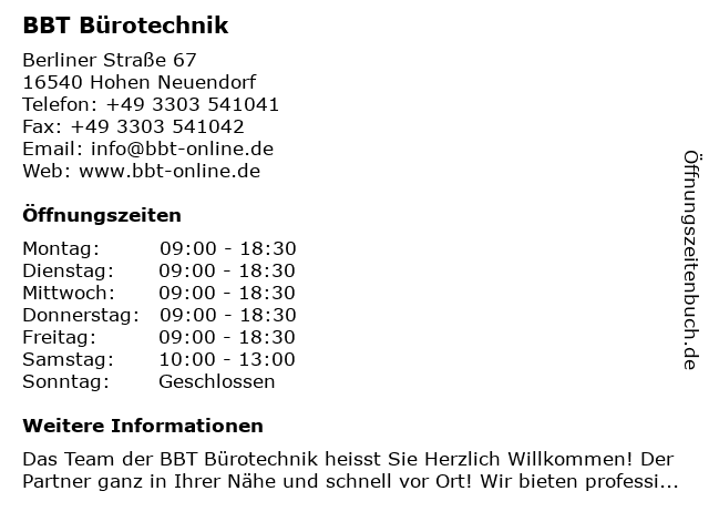 BBT Bürotechnik in Hohen Neuendorf: Adresse und Öffnungszeiten