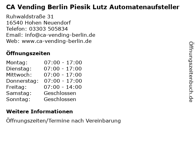 CA Vending Berlin Piesik Lutz Automatenaufsteller in Hohen Neuendorf: Adresse und Öffnungszeiten