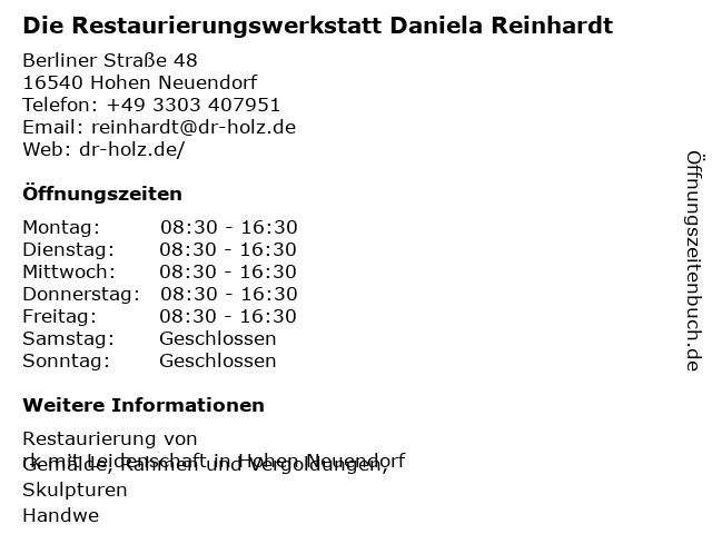 Die Restaurierungswerkstatt Daniela Reinhardt in Hohen Neuendorf: Adresse und Öffnungszeiten