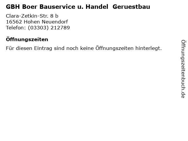 GBH Boer Bauservice u. Handel  Geruestbau in Hohen Neuendorf: Adresse und Öffnungszeiten