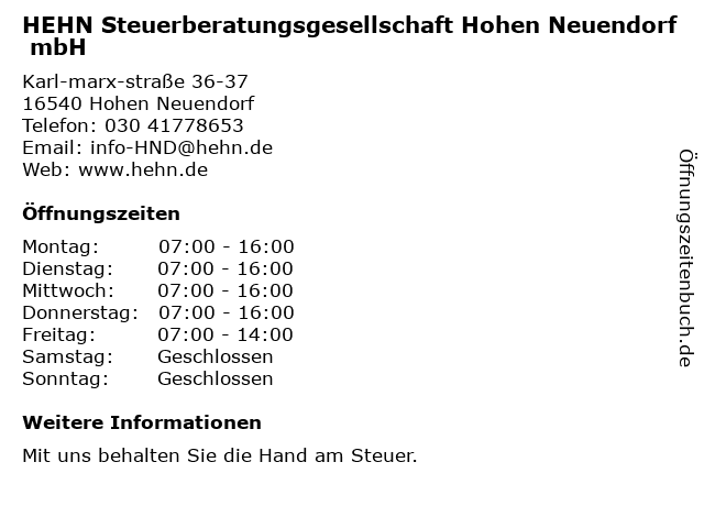 HEHN Steuerberatungsgesellschaft Hohen Neuendorf mbH in Hohen Neuendorf: Adresse und Öffnungszeiten