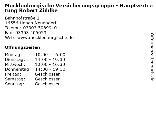 Mecklenburgische Versicherungsgruppe - Hauptvertretung Robert Zühlke in Hohen Neuendorf: Adresse und Öffnungszeiten