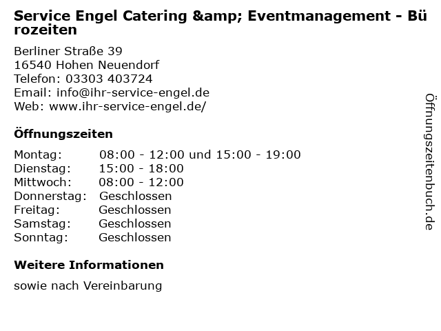 Service Engel Catering & Eventmanagement - Bürozeiten in Hohen Neuendorf: Adresse und Öffnungszeiten