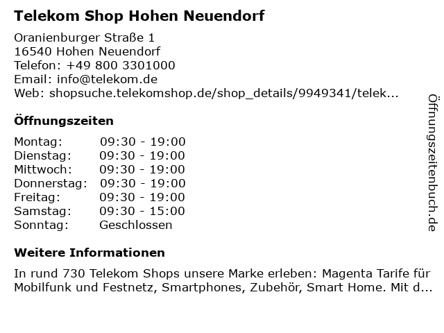 Telekom Shop Hohen Neuendorf in Hohen Neuendorf: Adresse und Öffnungszeiten