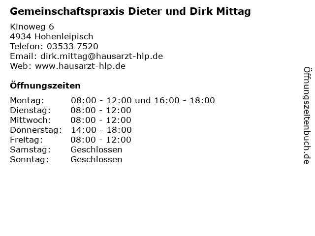Gemeinschaftspraxis Dieter und Dirk Mittag in Hohenleipisch: Adresse und Öffnungszeiten